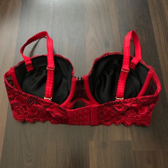 La Vie en Rose Lace Push Up Bra 36C Red Black Bow - Picture 2 of 9